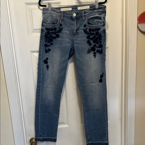 Pilcro and the Letterpress Blue Boyfriend Jeans with Black Floral Design - Picture 1 of 6